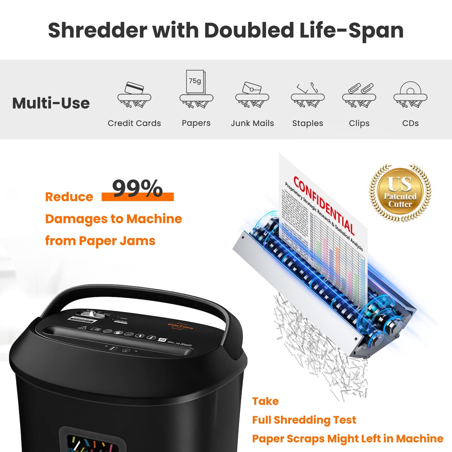 VidaTeco Paper Shredder 14-Sheet Cross-Cut Shredder with US Patented Cutter,Also Shreds Card/CD,Heavy Duty Paper Shredding Machine for Home