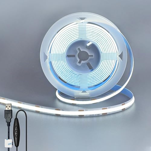 Clearhill 5V 8mm Width USB COB LED Strip Lights with Dimmable Switch,Cool White 6500K,320LEDs/M,8W/M,CRI90,6.56FT/2M,Electroplated Double-Sided Panel