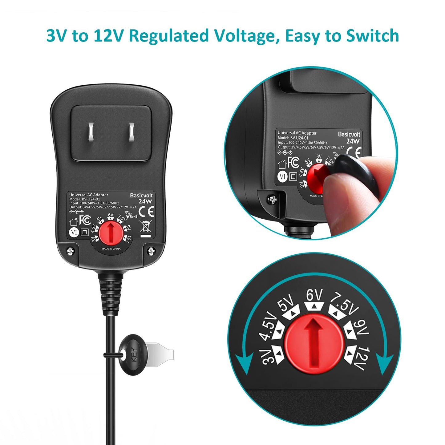 Basicvolt 24W 3V 4.5V 5V 6V 7.5V 9V 12V Universal AC/DC Adapter Multi-Voltage Regulated Switching Power Supply with 8 Round DC Plugs for LED Strip…