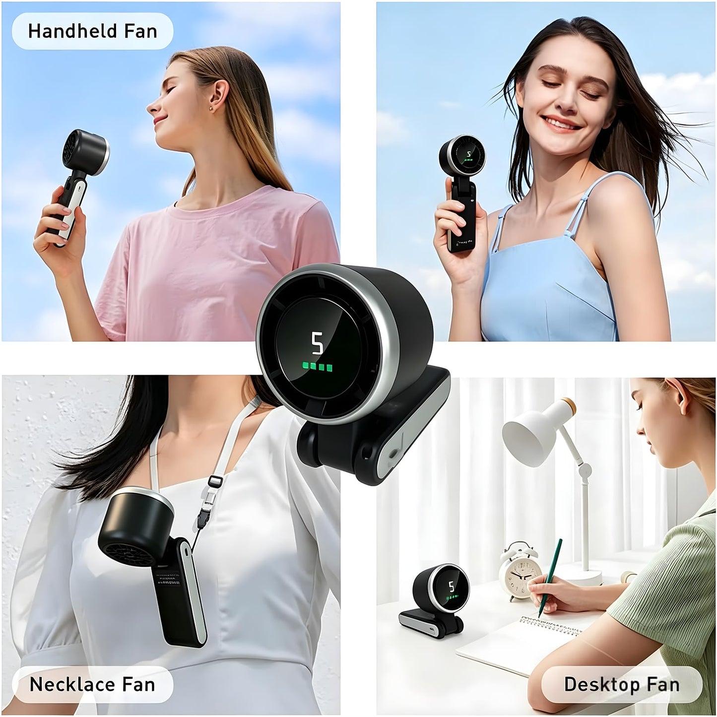 Evernew Living Black Portable Handheld Turbo Fan, 13550 RPM Max, 5 Speeds, 12-Hour Battery, 3-in-1 Design for Travel, Beach, & Outdoor Activities