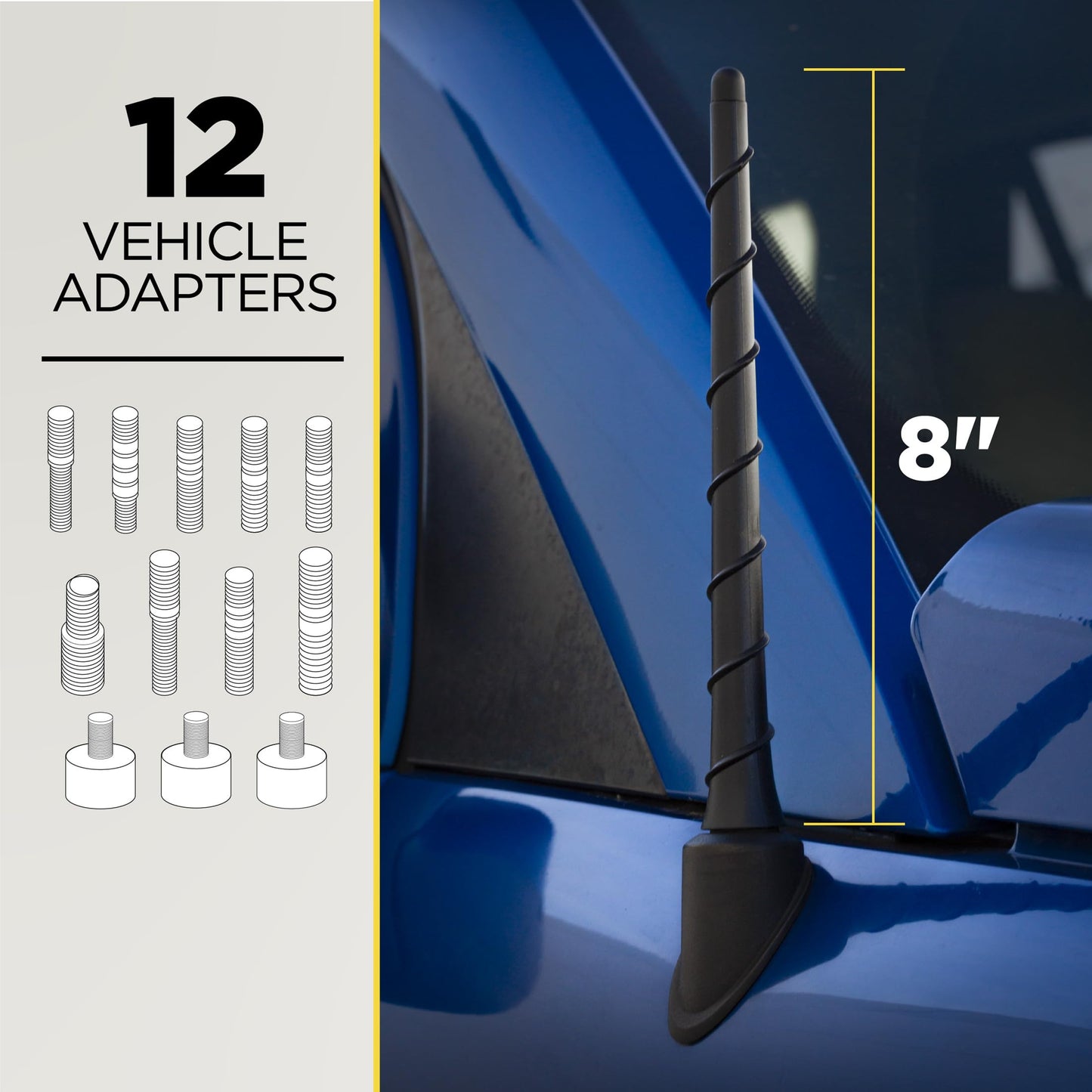 Scosche RMWWS-WP1 8" Universal Car Radio Spiral Antenna Mast - Top Mount Replacement Mast with Threaded Adapters and Spacers - Domestic and Import