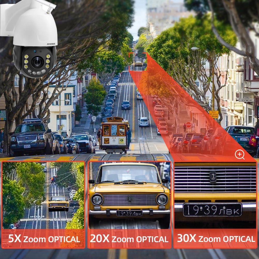 funxwe 8MP 4K 30X Optical Zoom Security PTZ Wireless IP Camera, 2.4GHz 5GHz Dual WiFi, Motion Auto Tracking Color Night Vision, Support Bluetooth
