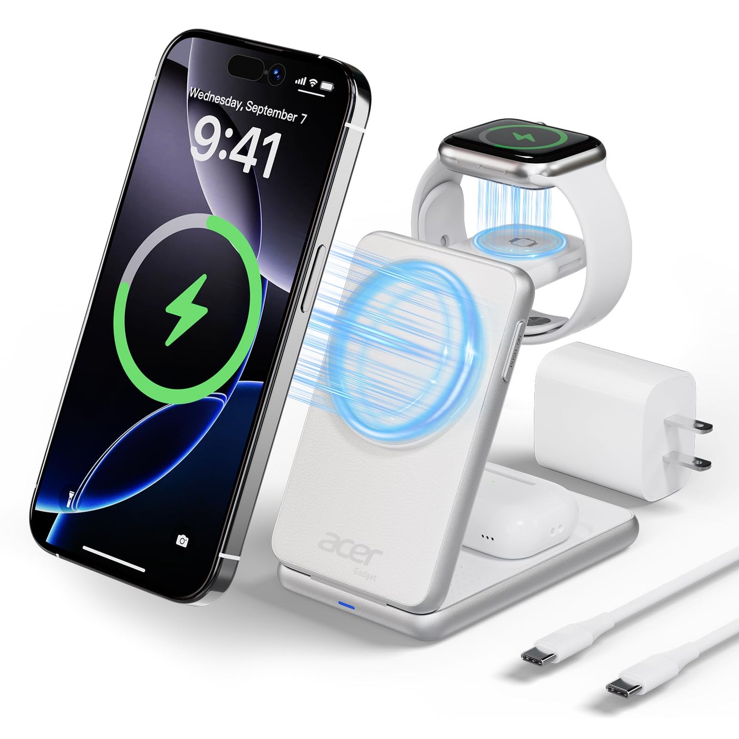Acer 3 in 1 Charging Station for iPhone, Wireless Charger Stand,15W Fast MagSafe Charger for iPhone 17 16 15 14 13 12 Series-Apple Watch 11 10 9 8 7 6
