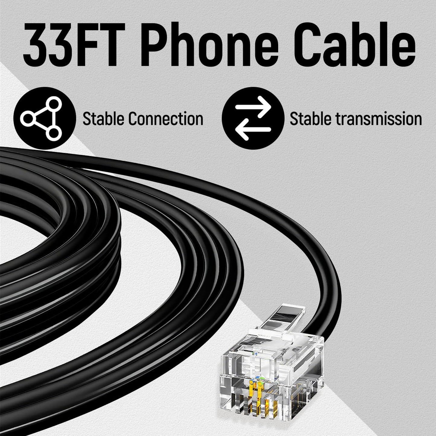 Uvital 33 Feet Telephone Landline Extension Cord Cable Line Wire with Standard RJ-11 6P4C Plugs(10M,1Pack) (Black)
