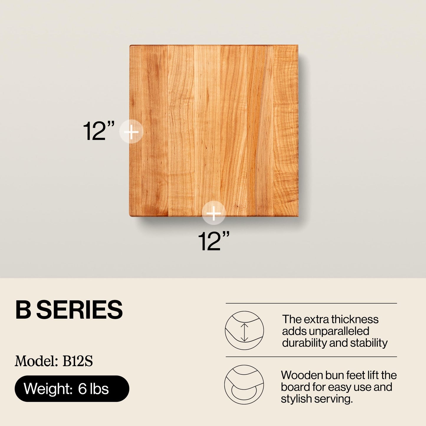 John Boos B Series Square Wooden Maple Cutting Board 12”x12” - 1.5” Thick, 6-lb Non-Reversible Butcher Block with Wood Bun Feet & Edge-Grain
