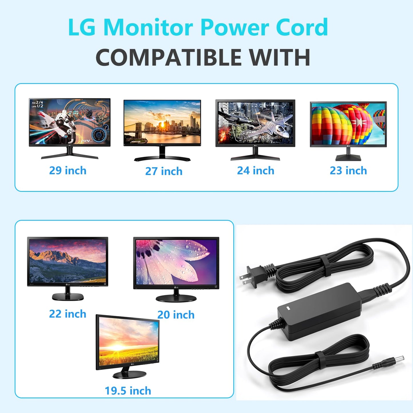Replacment for LG Monitor Power Cord 19V DC Power Supply for LG Electronics 27" 24" 23" 22" 20" 19" LCD LED HD TV Monitor Widescreen Power Adapter…