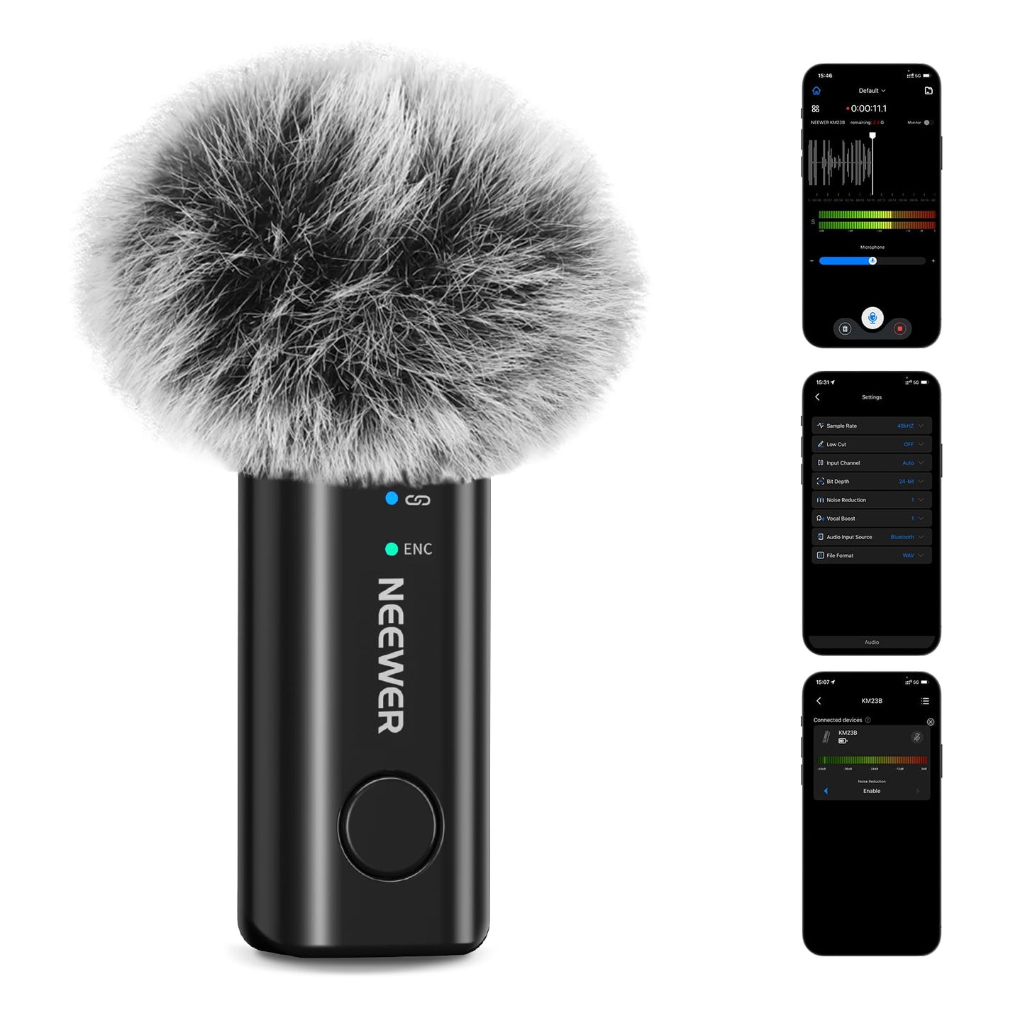 NEEWER KM23B Wireless Lavalier Microphone Bluetooth App Control, Compatible with iPhone Android Phone 8Hrs Battery Vocal Enhancement Noise