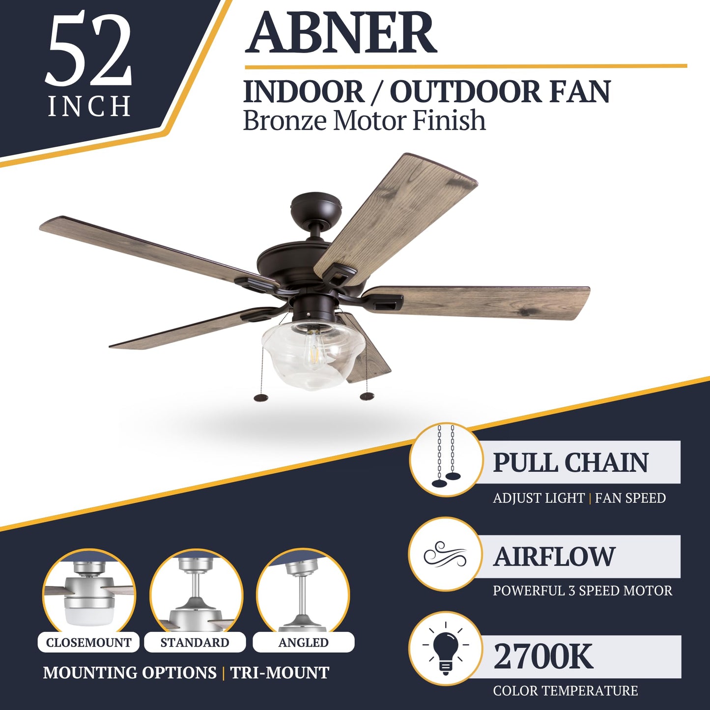 Prominence Home Abner Modern Farmhouse 52 Inch Ceiling Fan with Light, Outdoor Fan/Indoor Tri-Mount LED Ceiling Fan with 5 Blades, Silver Oak