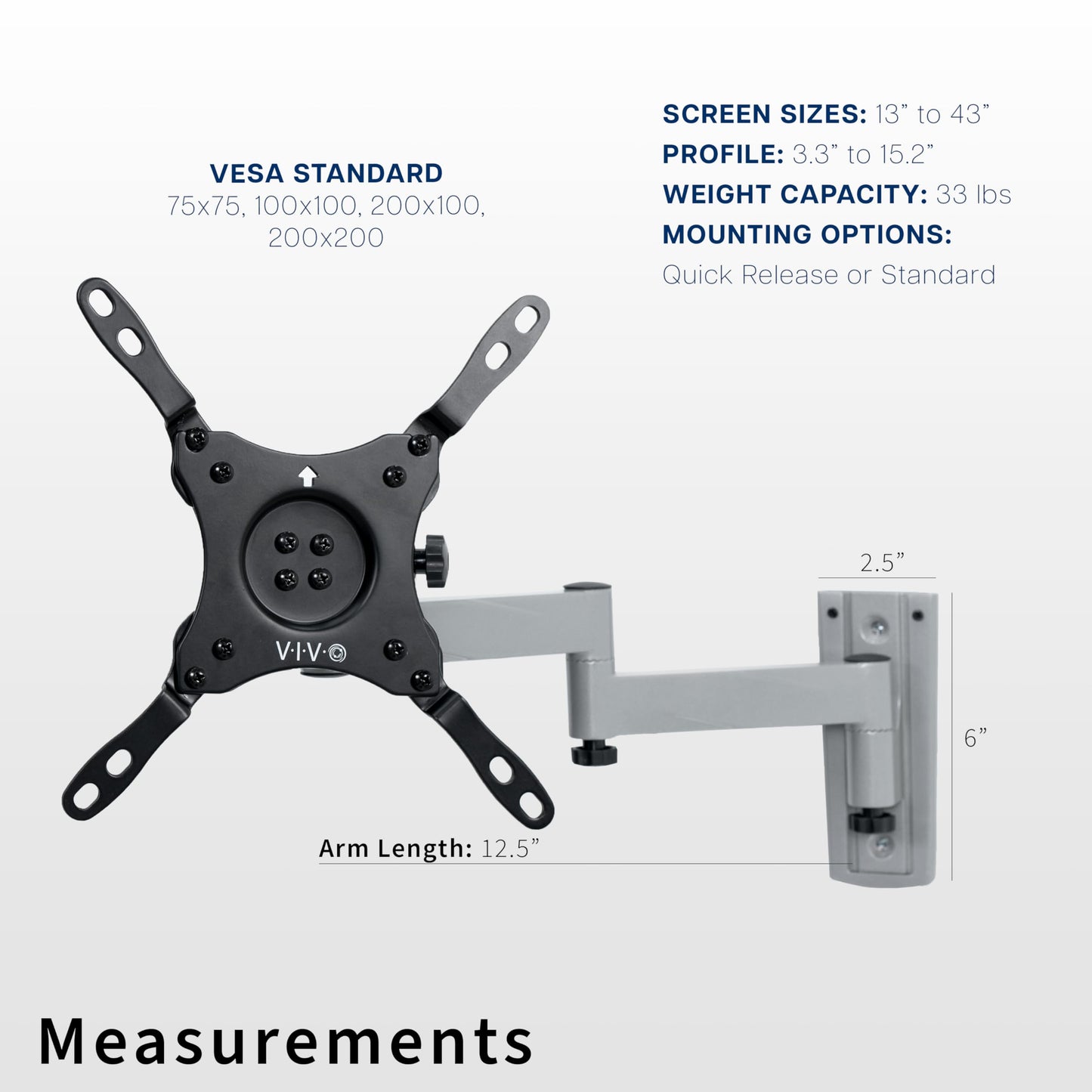 VIVO Quick Release RV TV Wall Mount for 13 to 43 inch Screens, Articulating Lockable Bracket Stand, Fits up to VESA 200x200, Black, Mount-TVQR1