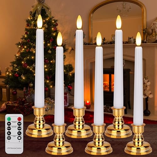 FREEPOWER 6PCS Flameless Window Candles with Gold Candle Holders, Battery Operated White Taper Candle with 4H/6H Daily Timer, Special Flickering