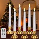 FREEPOWER 6PCS Flameless Window Candles with Gold Candle Holders, Battery Operated White Taper Candle with 4H/6H Daily Timer, Special Flickering