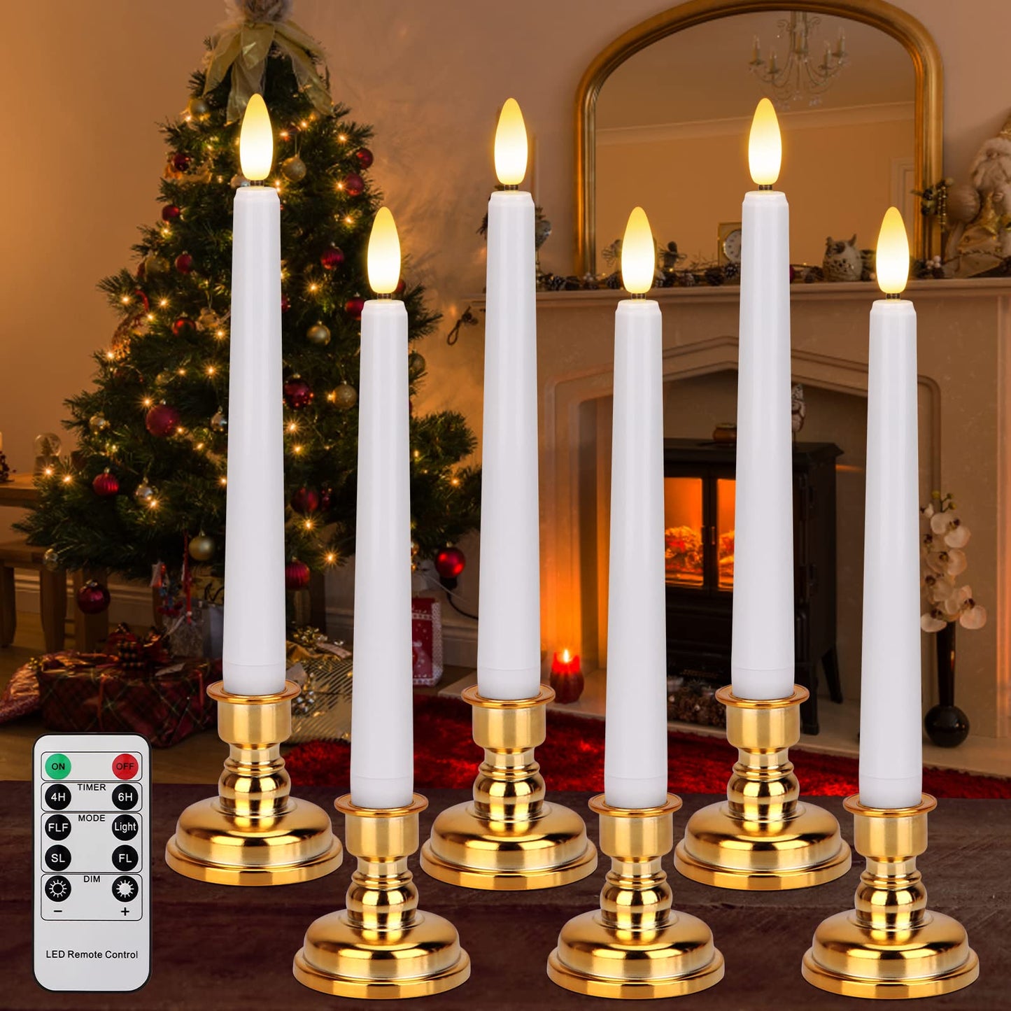 FREEPOWER 6PCS Flameless Window Candles with Gold Candle Holders, Battery Operated White Taper Candle with 4H/6H Daily Timer, Special Flickering