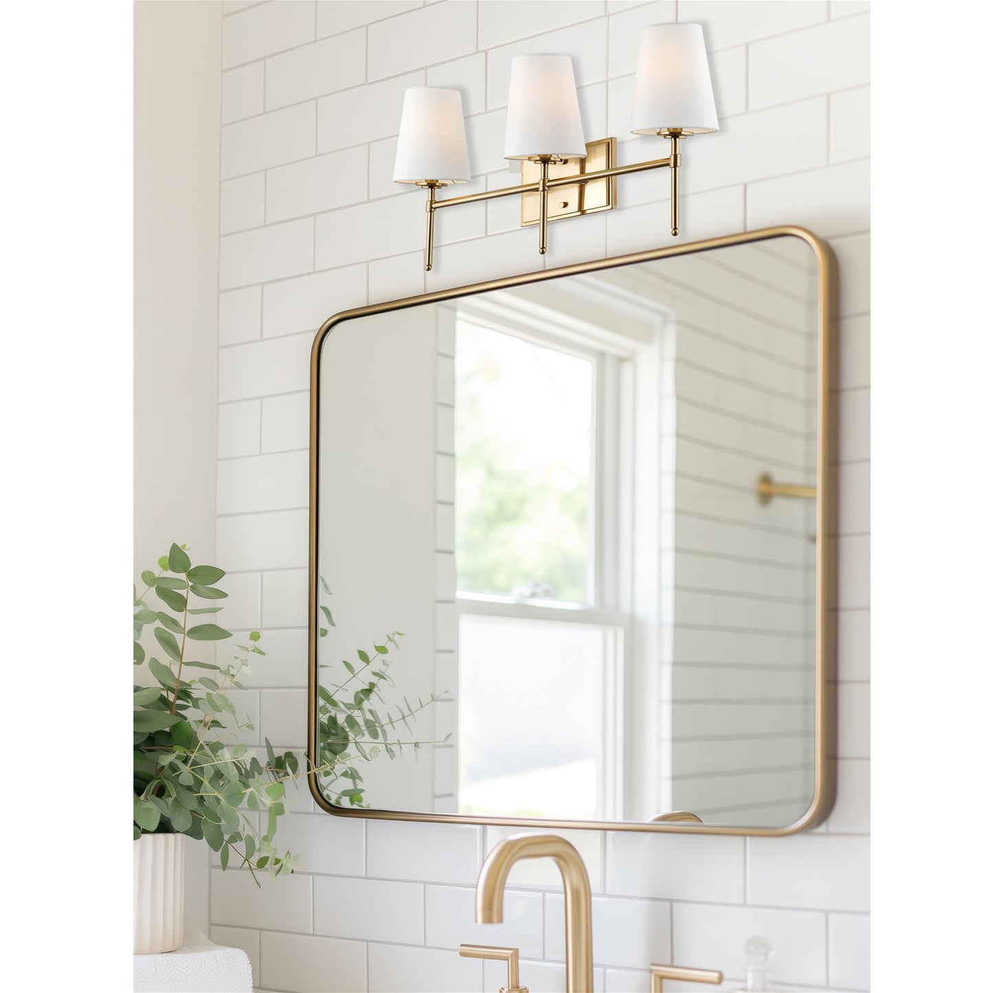 Kira Home Torche 23" 3-Light Modern Gold Bathroom Vanity Light, Gold Wall Sconce with White Fabric Cone Shades, Cool Brass Finish