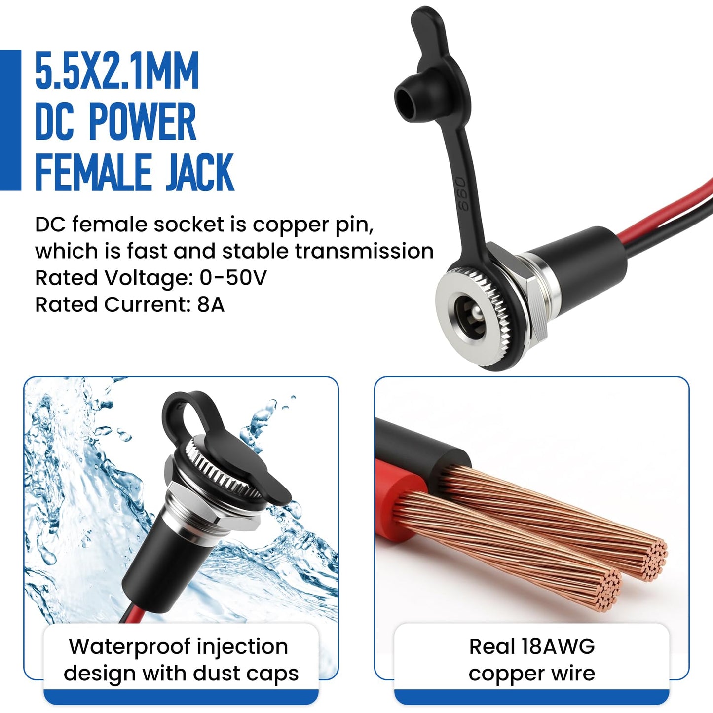 MILYARD 6Sets 5.5x2.1MM Metal DC Power Female Jack with Waterproof Cap & Male Pigtail | Solder-Free Barrel Adapter | for CCTV, Audio Video & DIY