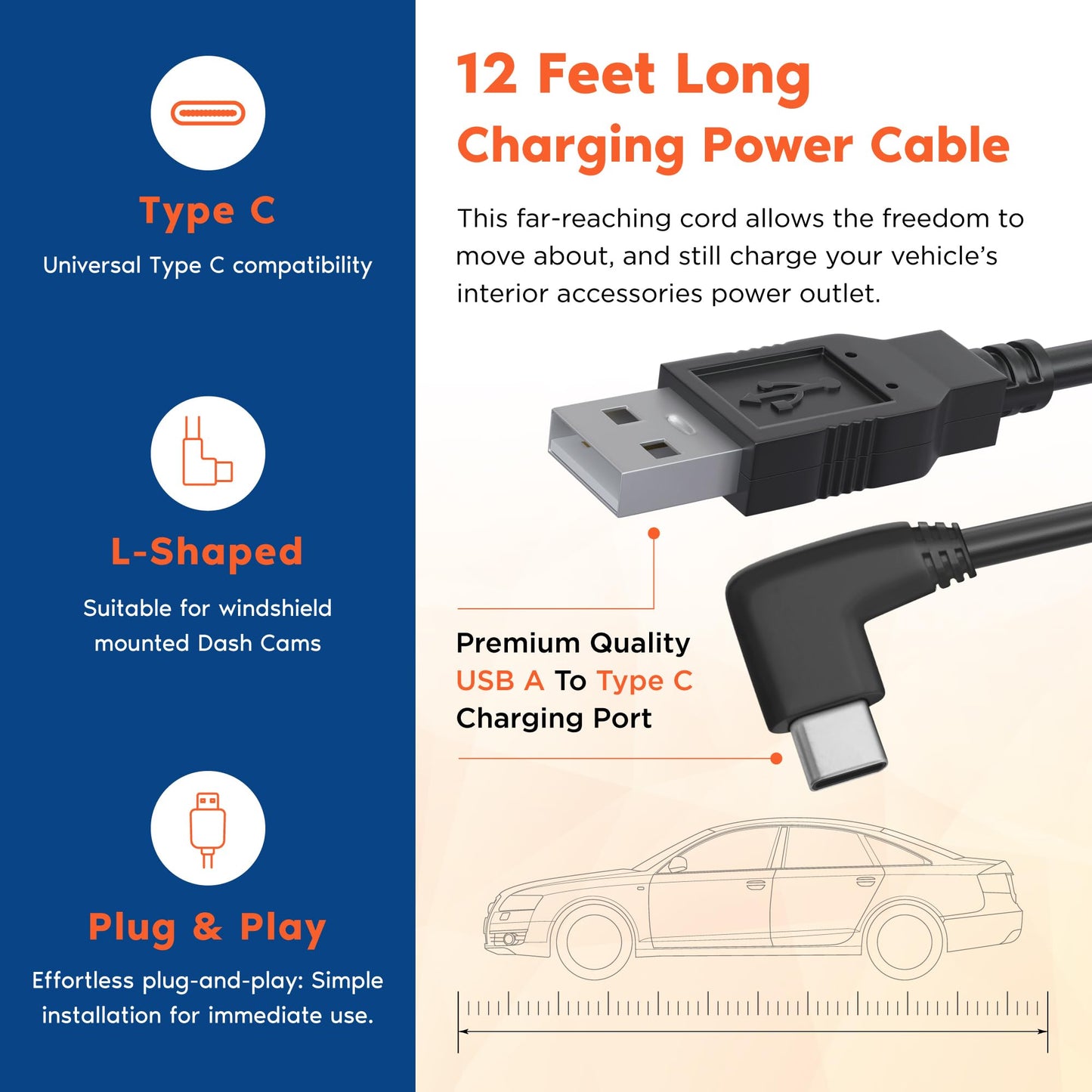 ROVE Ultimate 12ft USB-C Car Charging Power Cable R3, R2-4K (USB- C Port), and R2-4K PRO Dash Cam | Check Compatibility Image Before Purchasing