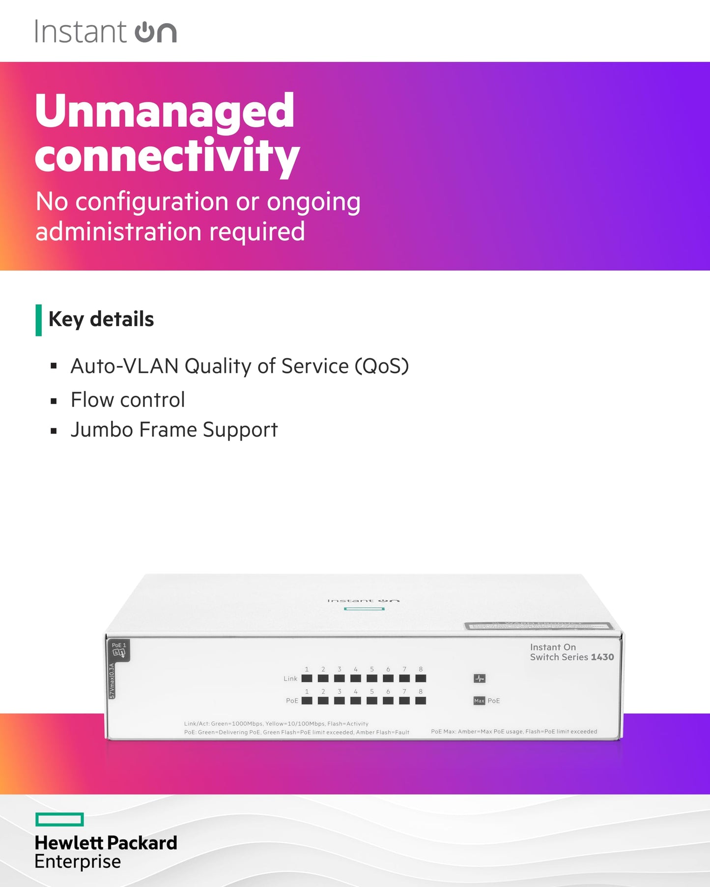 HPE Networking Instant On Switch Series 1430 8-Port Gb Unmanaged Layer 2 Ethernet Switch with PoE | 8X 1G | 8X CL4 PoE (64W) | Fan-Less | US Cord