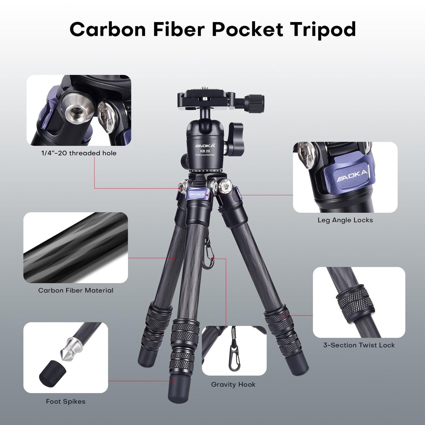 AOKA 15.75"/0.99 lbs Mini Carbon Fiber Tripod, Compact Pocket Travel Tabletop Tripod for Mobile Phones, Mirrorless Cameras, Digital Cameras