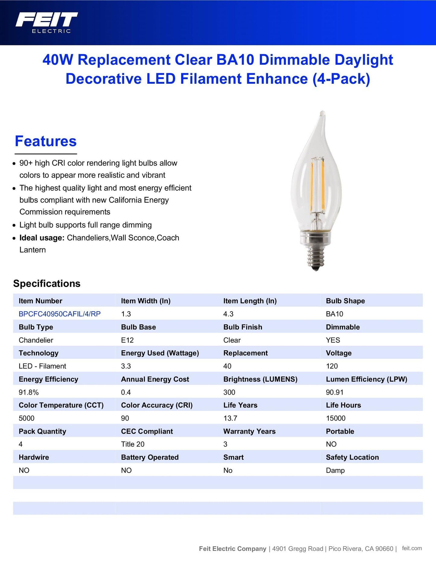 Feit Electric Candelabra LED Light Bulbs, Dimmable, 40W Equivalent, E12 Base, 5000K Daylight White, Vintage B10 Filament Candle Light Bulb