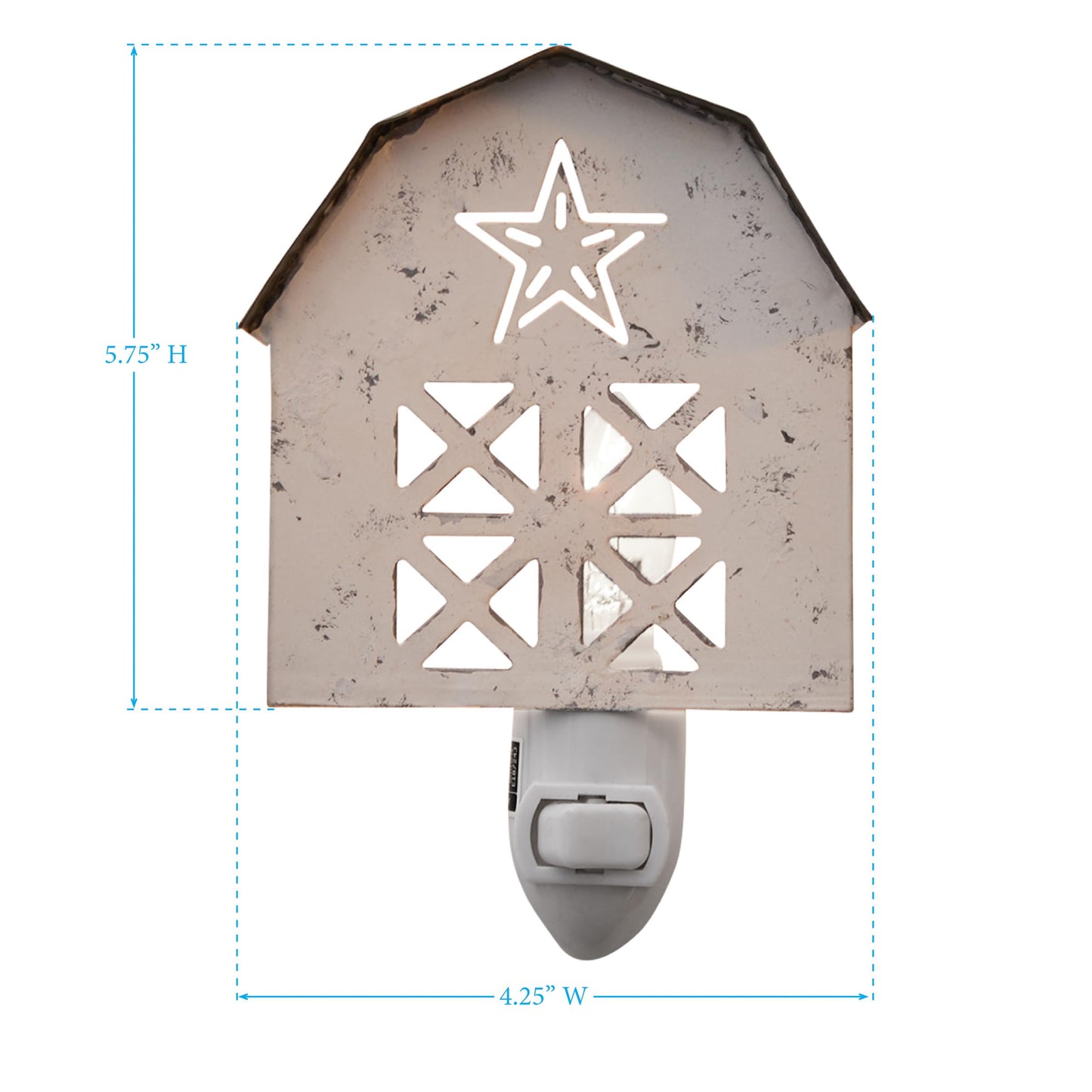 Park Designs Distressed White Barn Night Light | Rustic Metal Plug-in Accent with Star & Window Cutouts | Soft Neutral Illumination | Farmhouse