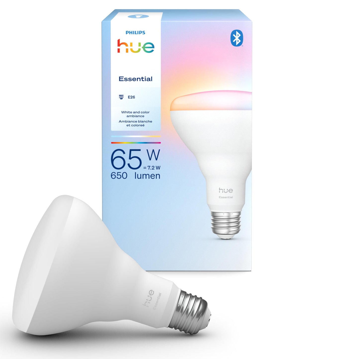 Philips Hue Essential Smart LED BR30 Bulb 1-Pack, White and Color Ambiance, E26, 7.2W, 2200K-6500K, 650 Lumens, Dimmable, Works with Alexa, Google
