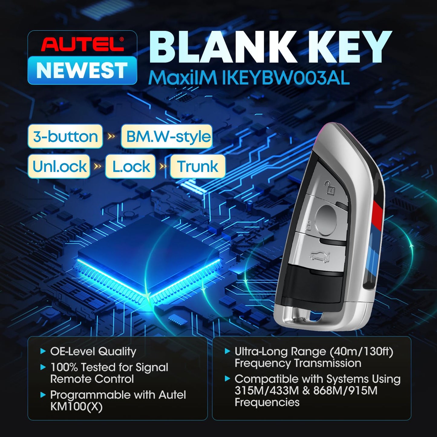 Autel Keyless Entry Remote Key Fob Replacement for BMW, 2026 MaxiIM IKEYBW003AL Programmable Blank Key, 3 Buttons OE-Quality, 130FT Remote, Dual-Band