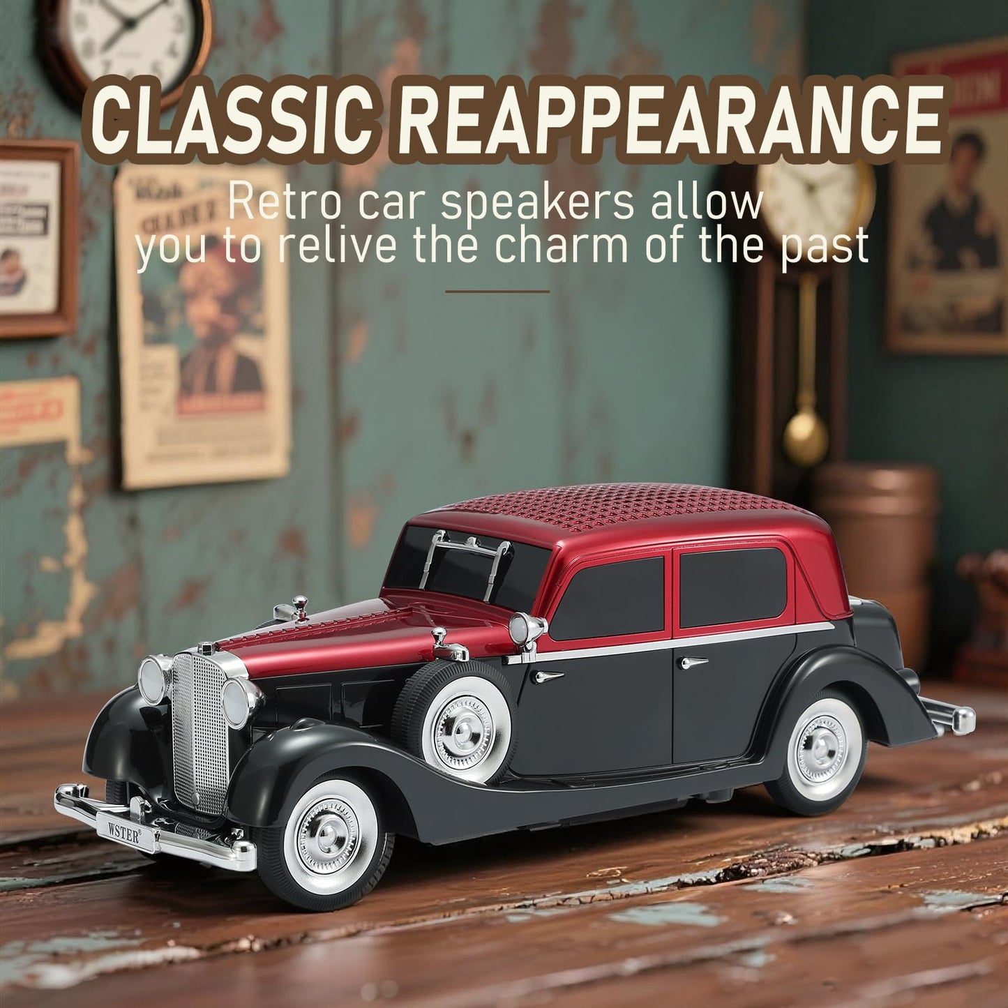 WSTER WS-1934 Retro Classic Car Bluetooth Replica Speaker - Wireless HD Sound with FM Radio,TWS Stereo,LED Party Lights,Built-in Microphone Hands-Free