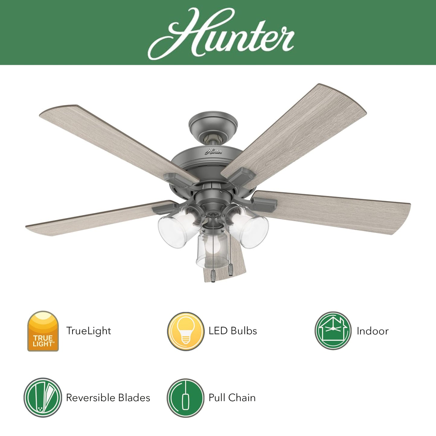 Hunter Fan 52 inch Casual Matte Silver Indoor Ceiling Fan with Light KitF (Renewed)