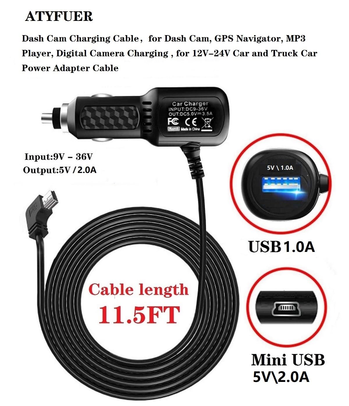 ATYFUER Dash Cam Charger Cable GPS Navigator Power Cord for Dash Cam GPS MP3 Player GPS Navigator Charging for 12V Car and 24V Truck Car Power Adapter