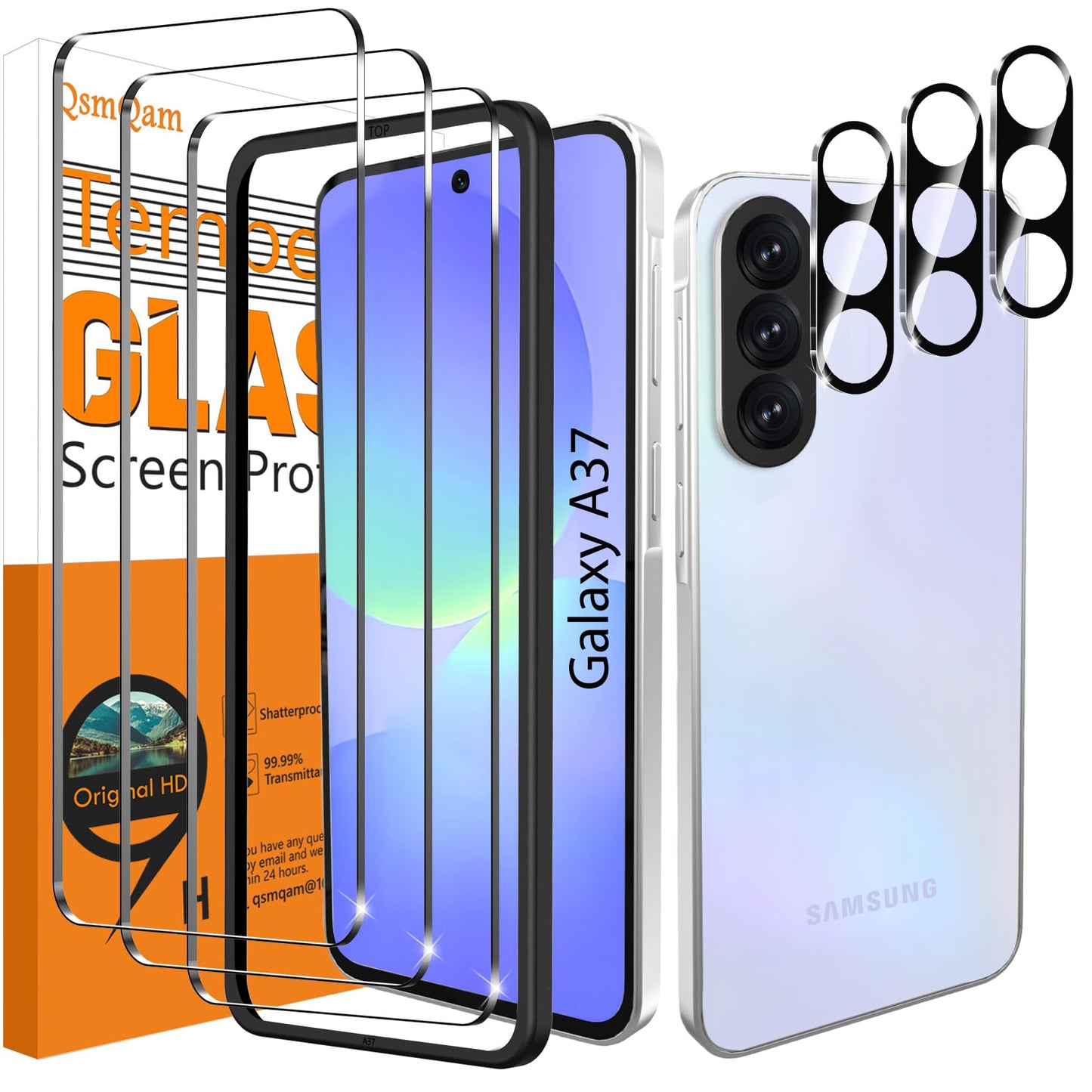 QsmQam 3 Pack Screen Protector for Samsung Galaxy A37 5G + 3 Pack Camera Lens Protector, Ultra HD Tempered Glass, 9H Hardness, Anti Scratch, Easy