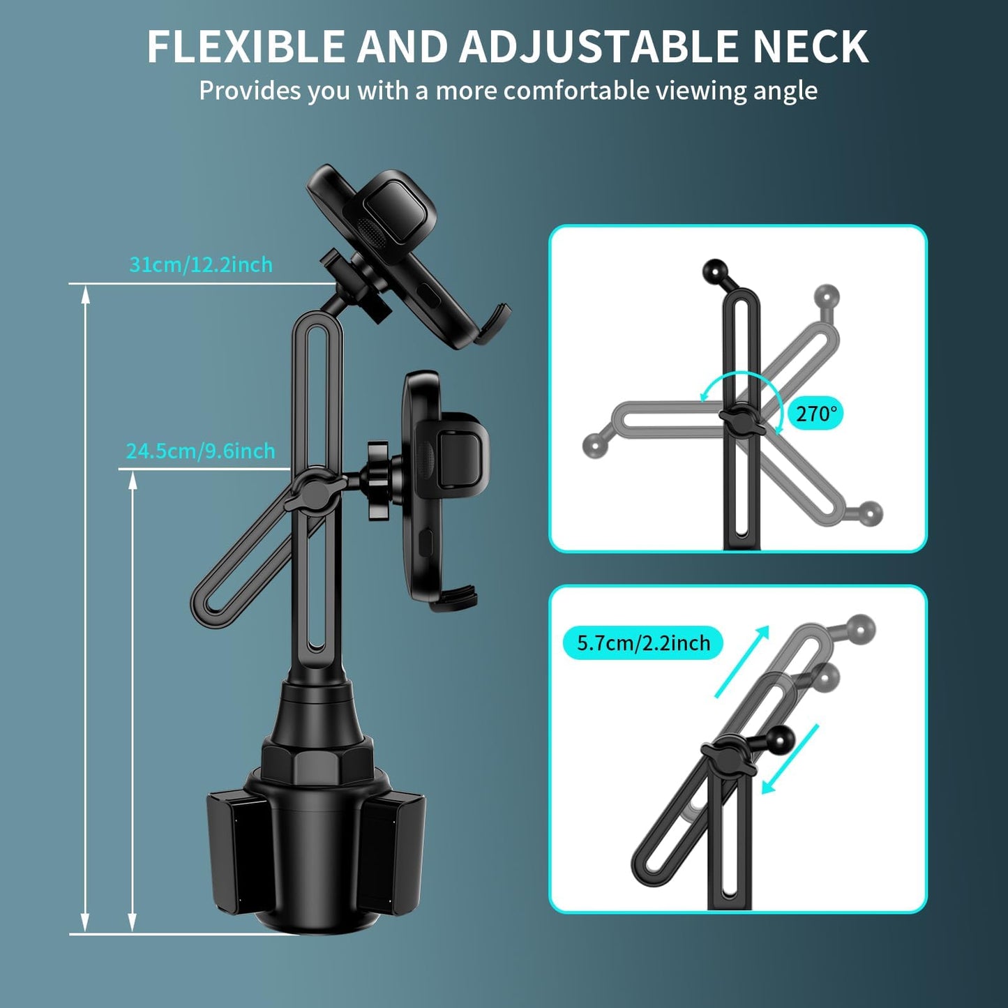 Adjustable Cup Phone Holder for Car Mount - 360° Rotation, Fits Car Cup Hole 2.5-4.1" Diameter, Wide Compatibility with 4.0-7.0 Inches Cell Phones