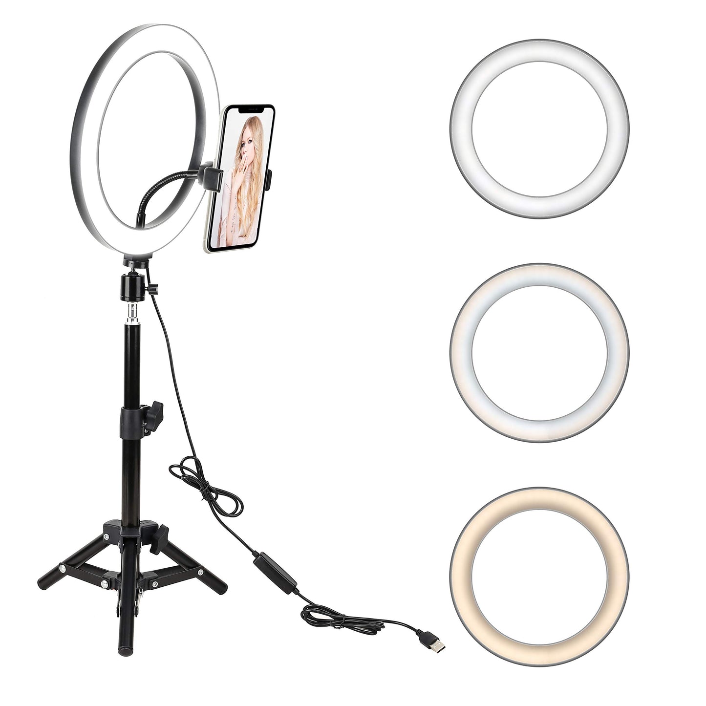 10" LED Selfie Ring Light with Tripod Stand & Cell Phone Holder for Tiktok/Live Stream/Makeup, BONFOTO Dimmable Desktop Camera Ringlight for YouTube
