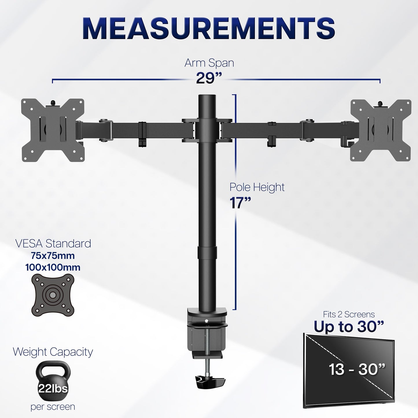 VIVO Dual Monitor Desk Mount, Holds 2 Computer Screens up to 30 inches and 22lbs Each, Heavy Duty Fully Adjustable Steel Stand with C-Clamp