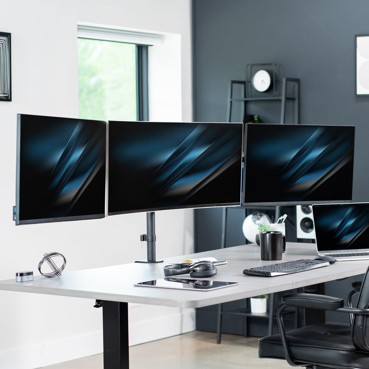 VIVO Premium Triple Monitor Desk Mount for 3 Screens up to 22 lbs, Fits up to 38 inch Ultrawides on Center Bracket, Adjustable Telescoping Arms, Flush