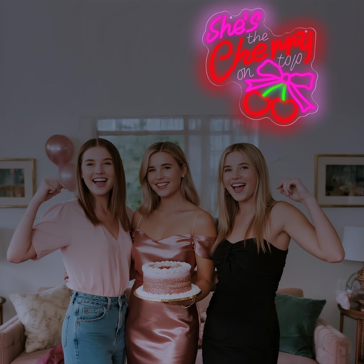 ShShe's The Cherry on Top Neon Sign Cherry Neon Light for Wall Decor Dimmable Pink Bow LED Sign for Bachelorette Party Bridal Shower Wedding Baby