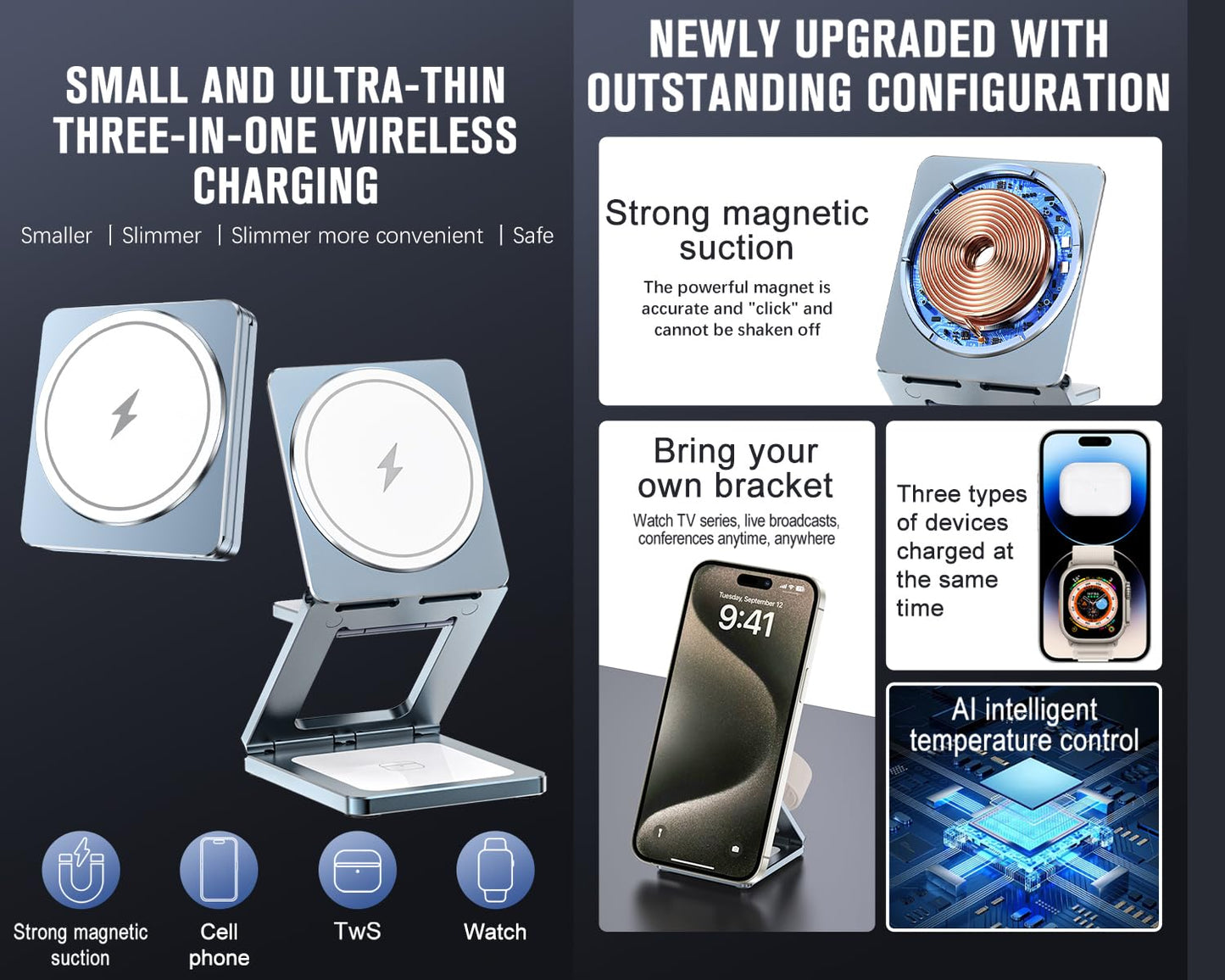 LFGKMZ 3 in 1 Wireless Charger Station,Aluminum Alloy Foldable Travel for iPhone Wireless Charger Fast 15W Charging,Mag Safe Charger Stand
