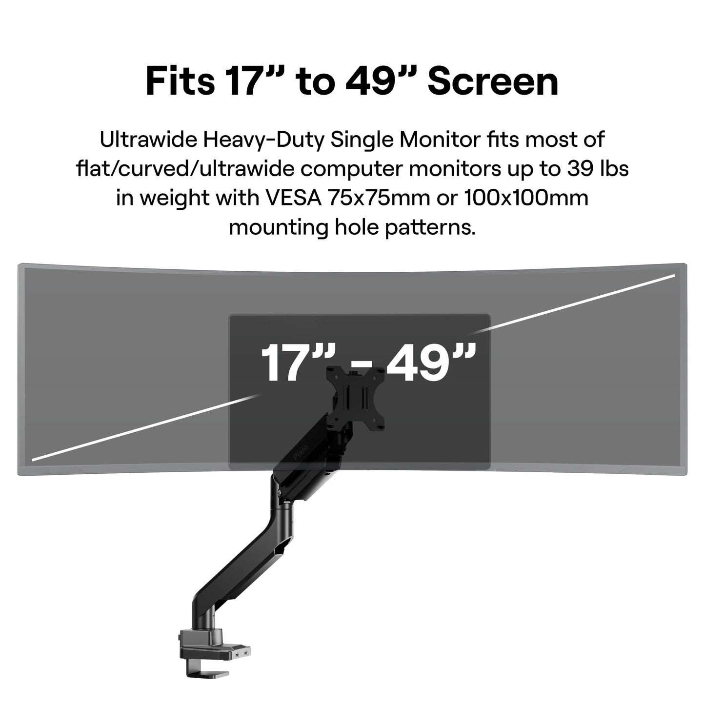 Pixio PS2S Ultrawide Heavy-Duty Premium Single Monitor Arm Stand Desk Mount - Fits up to 49 inches Monitors, Weights up to 39lbs Flat / 31lbs Curved