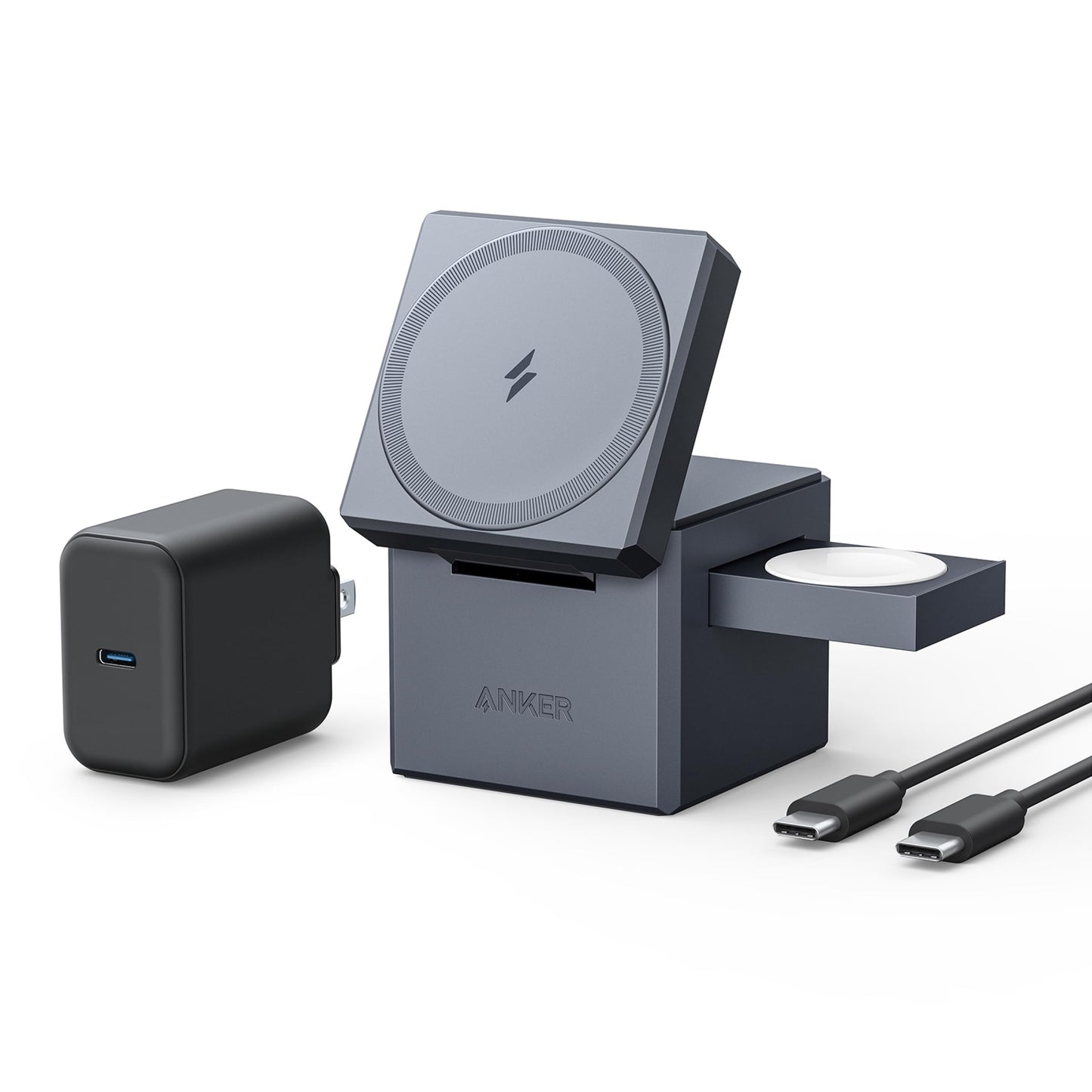 Anker 3-in-1 Cube Wireless Charger, MagSafe Charging Stand, 15W Foldable Fast Charging Station for iPhone 17/16/15, Apple Watch 1-8/Ultra, AirPods