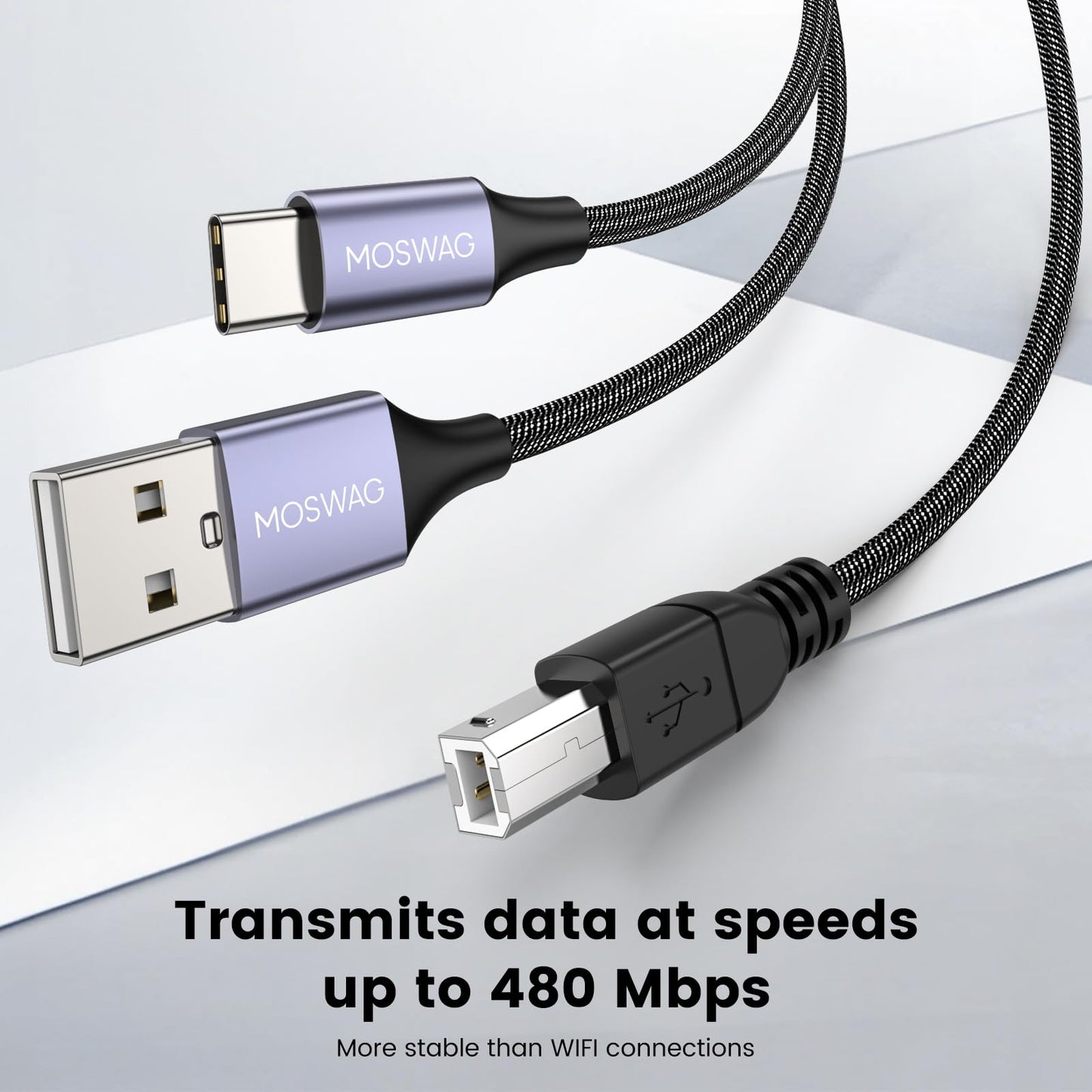 MOSWAG 2in1 USB C to B Printer Cable 5Feet/1.5M With USB A-Male to B-Male Cable Compatible With MacBook Pro, HP, Canon, Brother, Samsung Printers