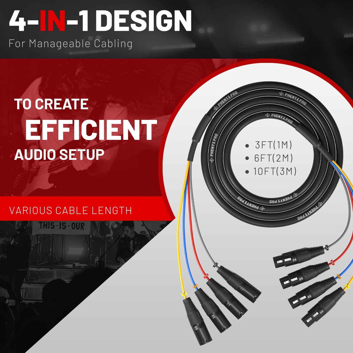 Phenyx Pro 4-Channel XLR Cable, 3 Ft Snake Cable, Balanced Microphone Cord, XLR Splitter, Color-Coded, 4-in-1 Design, 3-PIN Male to Female Patch Wire