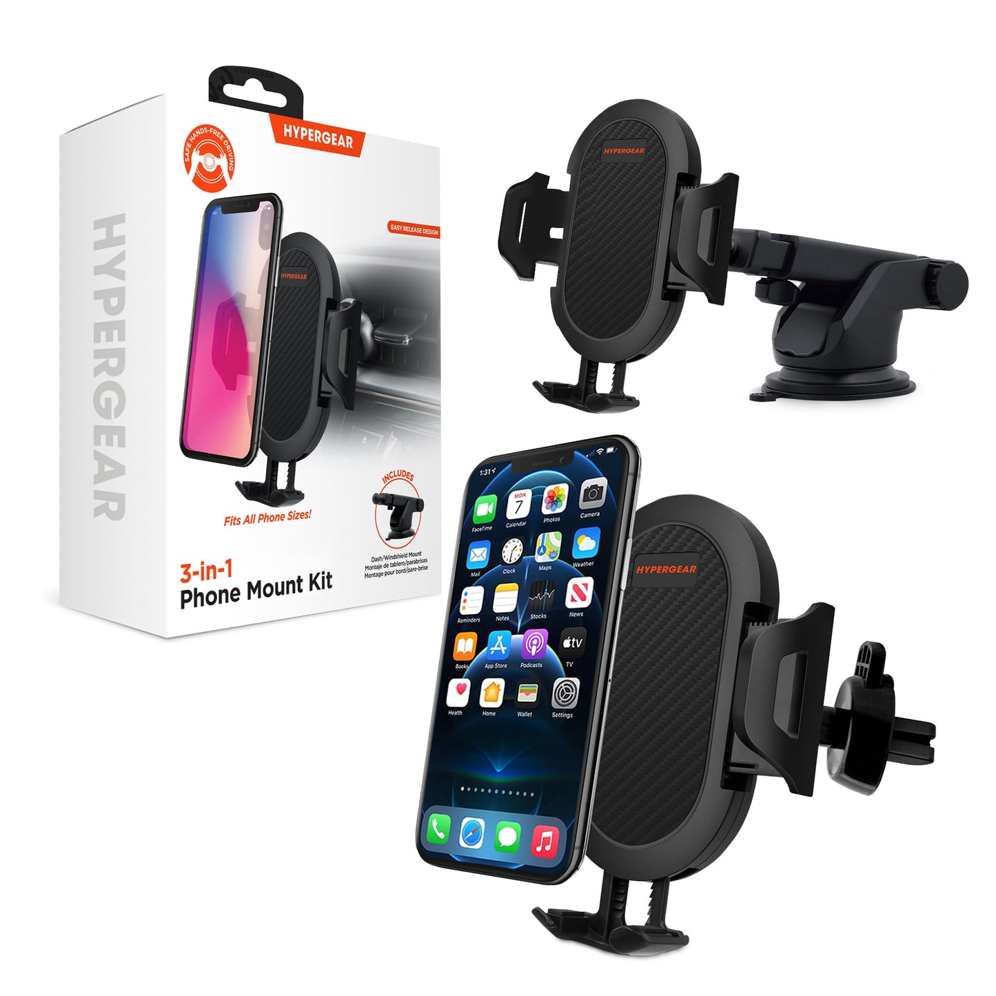 HyperGear 3-in-1 Car Phone Mount, Magnetic Phone Holder for Car with Vent Clip, Dashboard & Windshield Suction, Universal Cellphone Holder