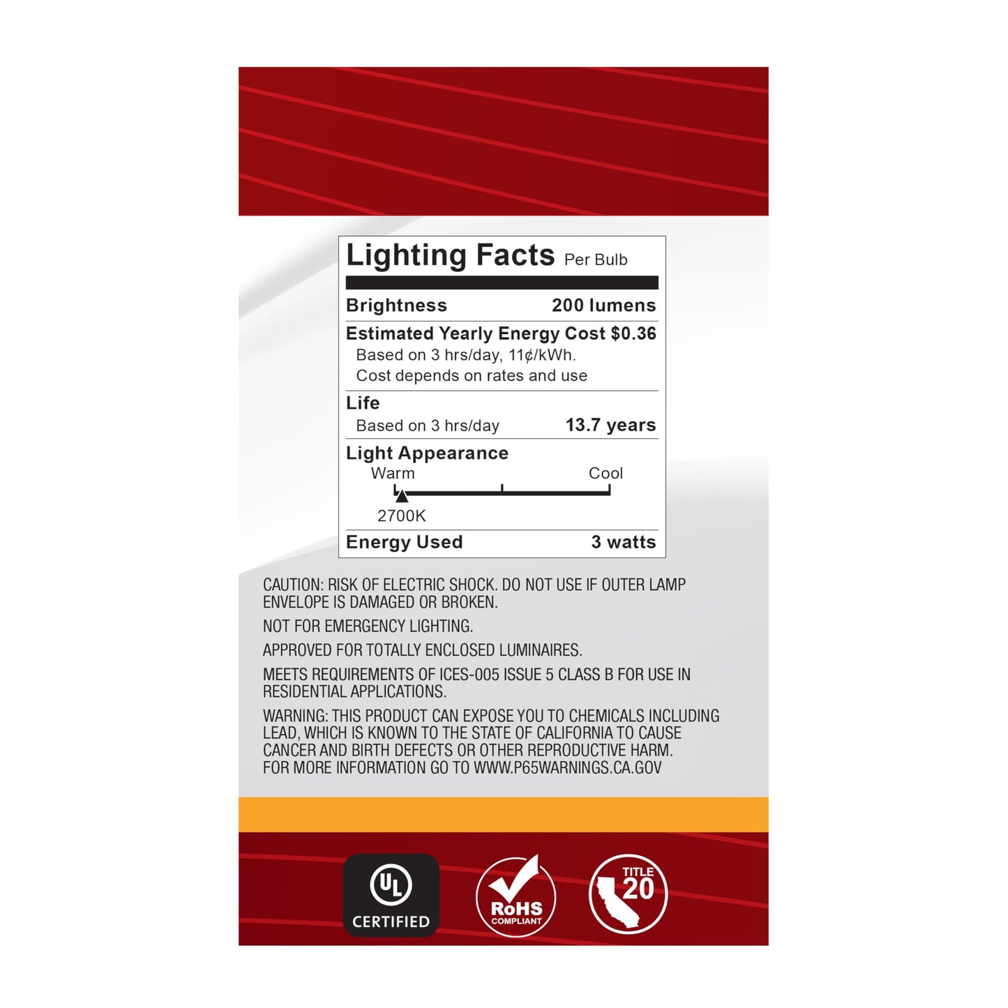 Satco 3-Watt LED E12 Light Bulb, 2700K, 15000 Hour Rating, Dimmable