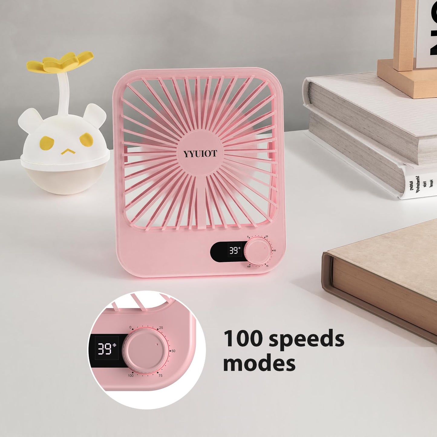 YYUIOT Desk Fan Battery Operated, USB Rechargeable Fan, 2400 mAh 180° Quiet Personal Fan With Power Display, 100 Speeds Adjustable Table Fan
