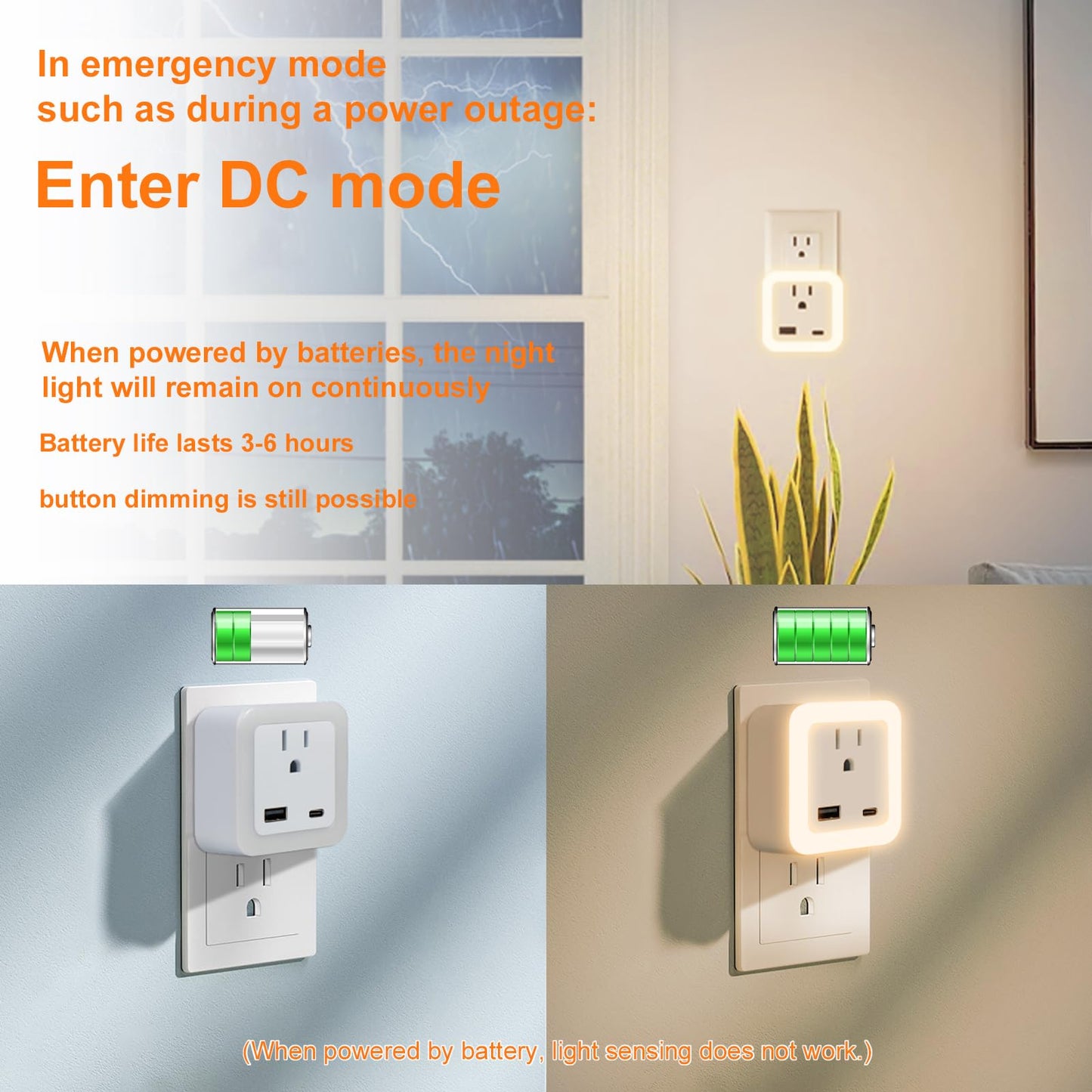 Night Lights Plug Into Wall 2 Pack Rechargeable Battery Backup Light Dusk to Dawn Sensor Night Light with Outlet Expander for Adults Kids Bedroom