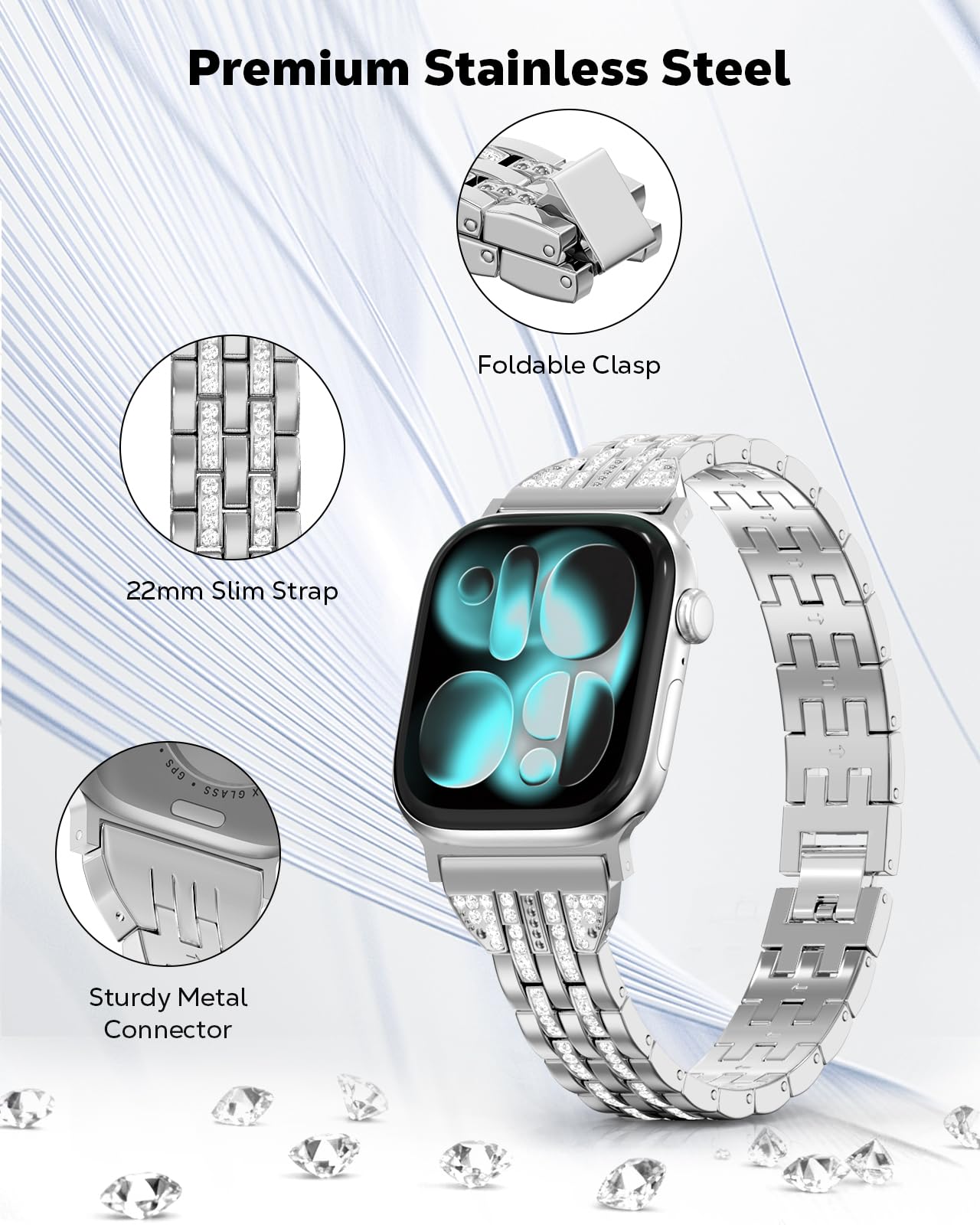 MoKo Metal Watch Band Compatible with Apple Watch Series 11/10 42mm, 9/8/7 41mm, SE3/SE2/SE/6/5/4 40mm, 3/2/1 38mm, Bling Diamond Dressy Jewelry Metal