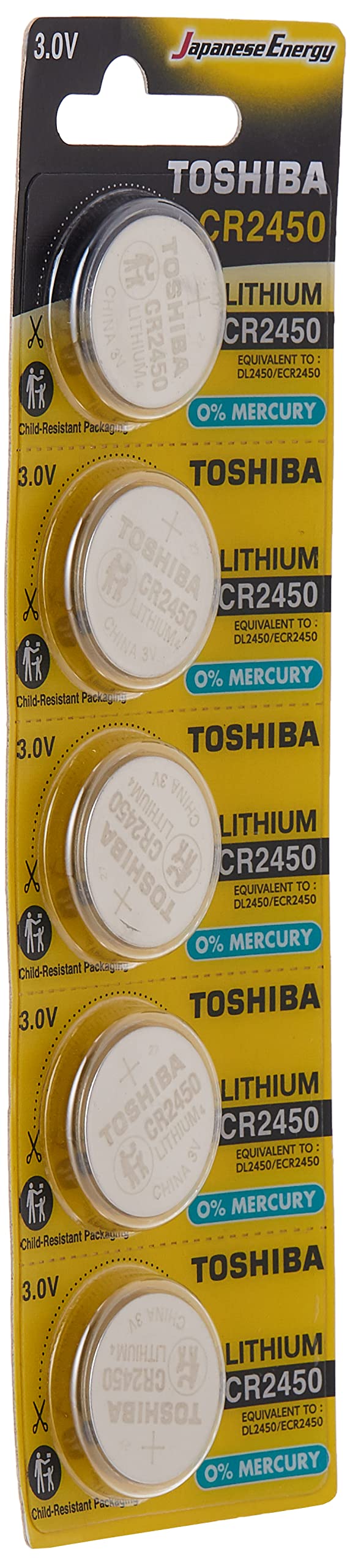 TOSHIBA CR2450 3V Lithium Coin Cell Battery 5 Batteries in Strip Child-Resistant Packaging