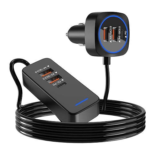 SZBAYO Car USB Charger Multi Port with 5.9FT Extension, QC3.0 76W Fast Charging Cigarette Lighter USB C Charger Adapter Multiple Ports for Mobile