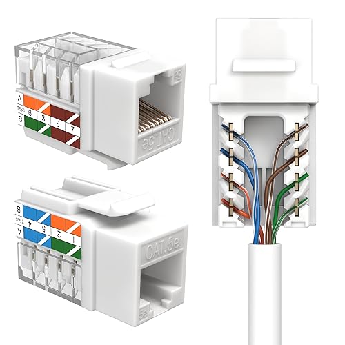 SATMAXIMUM Cat5e Keystone Ethernet Wall Jack Punch Down UTP 45-Degree (Easier Termination Than 90-Degree), RJ45 Slim Profile Speed Termination White