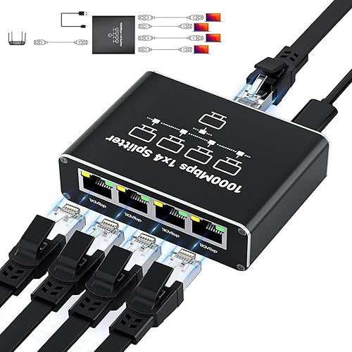 Ethernet Splitter 1 to 4, 1000Mbps High-Speed Internet Splitter, Gigabit RJ45 Port Router Switch, LAN-Splitter, Supporting Simultaneous Networking