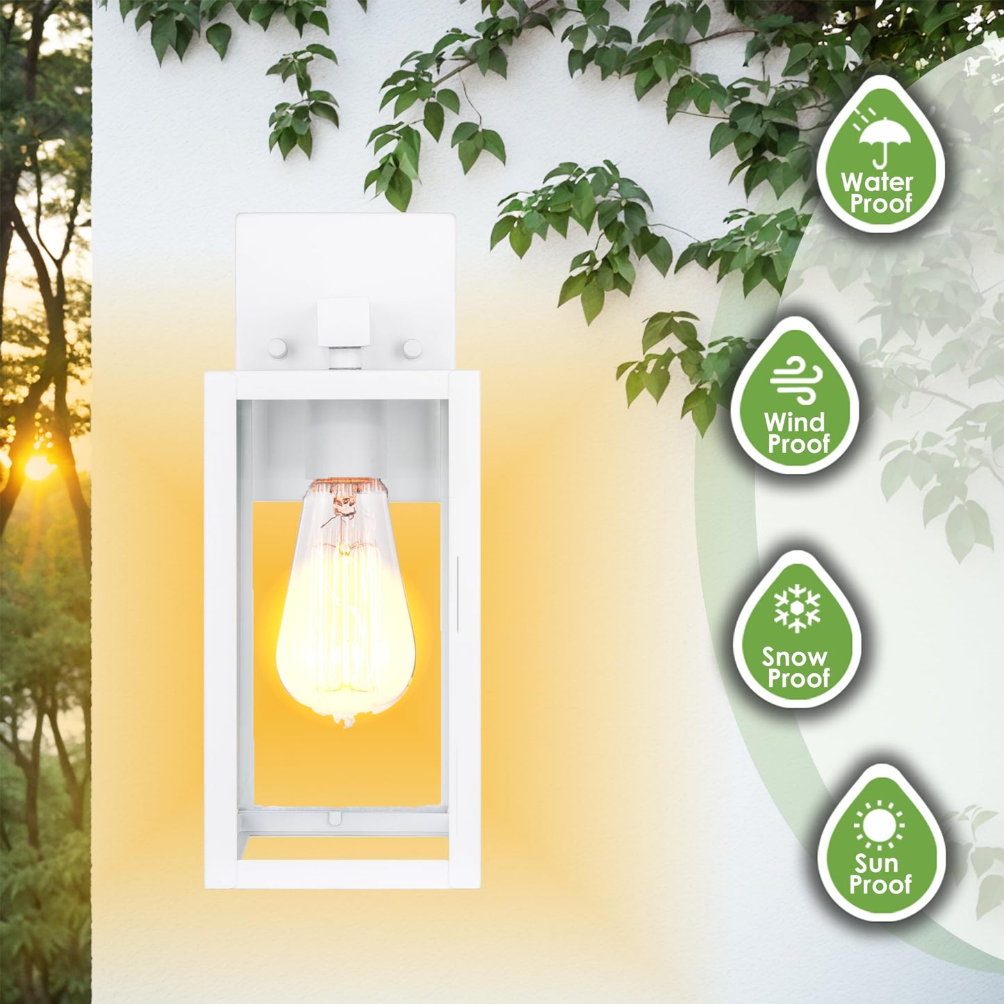 GRUENLICH Waterproof Large Outdoor Wall Lanterns, Modern White Porch Sconces with Clear Glass Shade, E26 Socket Max 60W, IP65 Rated, Metal Frame