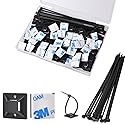 Strong Back-Glue Self Adhesive Cable Zip Tie Mounts Kit - 100 Set Cable Management Clips with 6" Zip Ties, Wire Holders - Outdoor Sticky Wire
